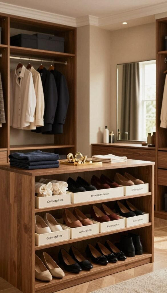 A beautifully organized walk-in closet, showcasing distinct "kleiderschrank zonen" for clothing categories, featuring neatly arranged sections for casual wear, formal attire, and accessories. The foreground displays a well-structured shelf system labeled with stylish, minimalistic dividers, and orderly rows of shoes organized by type. In the middle, a sophisticated dressing area with a full-length mirror reflects the carefully curated space, enhancing the ambiance. The background includes soft, warm lighting filtering through an elegant window, highlighting the rich wood tones and soft beige walls, creating a cozy atmosphere. The overall feel is inviting and efficient, with an aesthetic reminiscent of Pinterest inspirations. Include branding elements subtly indicating “Ordnungskiste,” without any text overlays or distractions. A beautifully organized walk-in closet, showcasing distinct "kleiderschrank zonen" for clothing categories, featuring neatly arranged sections for casual wear, formal attire, and accessories. The foreground displays a well-structured shelf system labeled with stylish, minimalistic dividers, and orderly rows of shoes organized by type. In the middle, a sophisticated dressing area with a full-length mirror reflects the carefully curated space, enhancing the ambiance. The background includes soft, warm lighting filtering through an elegant window, highlighting the rich wood tones and soft beige walls, creating a cozy atmosphere. The overall feel is inviting and efficient, with an aesthetic reminiscent of Pinterest inspirations. Include branding elements subtly indicating “Ordnungskiste,” without any text overlays or distractions.