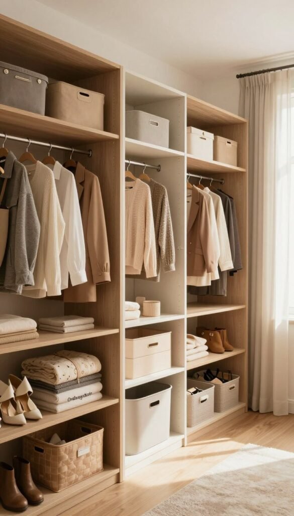 A beautifully organized wardrobe comparison featuring different open closet systems tailored for various needs. In the foreground, showcase an elegant wardrobe from "Ordnungskiste" with neatly arranged clothing and accessories in warm, inviting colors. The middle section reveals a side-by-side layout of alternative wardrobe solutions: a minimalist shelving unit, a hanging organizer, and a stylish built-in unit, each filled with coordinated outfits and storage boxes. In the background, include a serene and well-lit room with natural light streaming through softly draped curtains, enhancing the cozy atmosphere. The overall mood should feel inviting and organized, embodying the aesthetic of a Pinterest-inspired space, without any text or branding overlays.