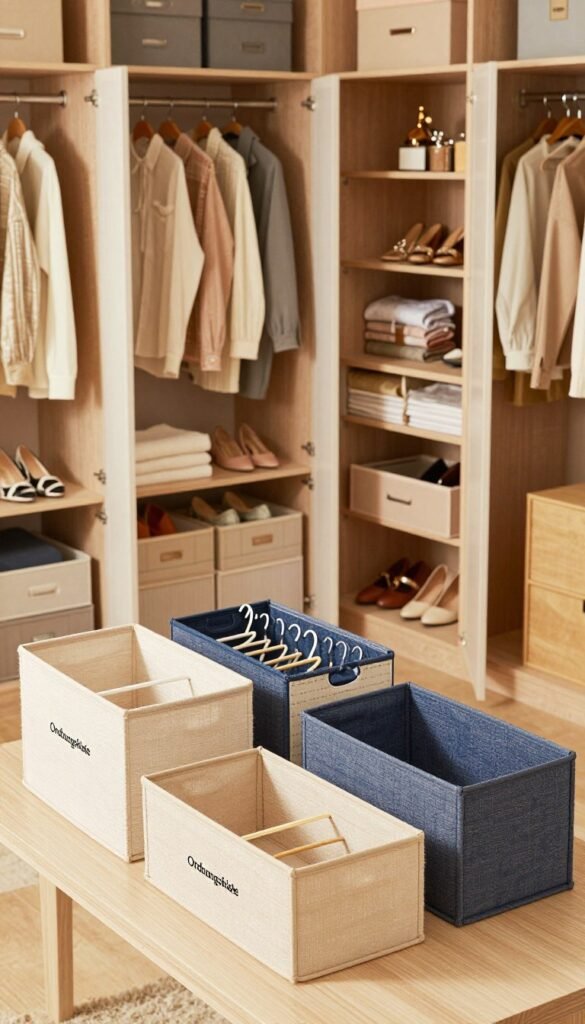 A beautifully organized wardrobe comparison scene featuring various closet organization sets from the brand "Ordnungskiste." In the foreground, showcase several neatly arranged storage boxes, hangers, and dividers, highlighting their colors and textures. The middle ground should display a well-structured wardrobe with open doors revealing a harmonious blend of clothing items, accessories, and shoes, all arranged in a visually appealing manner. The background can feature a softly lit, cozy room with warm tones, evoking a Pinterest-inspired aesthetic. Use natural lighting to create a warm and inviting atmosphere, capturing the essence of organization and style. The angle should be slightly elevated for a comprehensive view, allowing the details of the various organization sets to shine without any text or markings in the image.