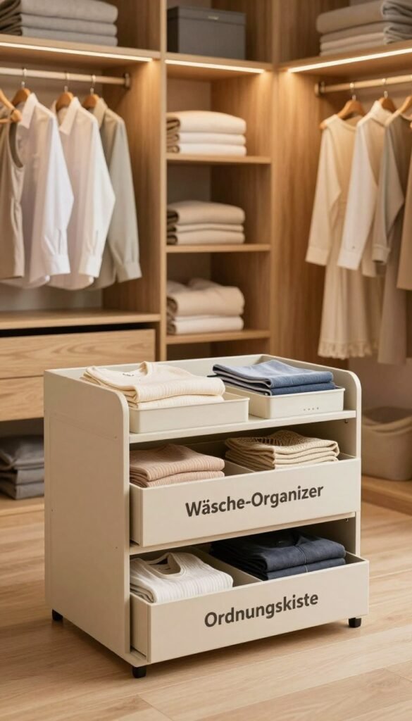 A beautifully organized wardrobe featuring a "Wäsche-Organizer" branded as "Ordnungskiste." In the foreground, showcase neatly folded clothes and accessories within a stylish organizer, emphasizing functionality and elegance. In the middle ground, display a spacious, walk-in closet with wooden shelves and soft, warm lighting that creates an inviting atmosphere. In the background, include a glimpse of additional clothing items, such as neatly hung shirts and dresses, harmonizing with the overall color palette. The scene should evoke a sense of calm and order, reflecting a Pinterest-inspired look with natural tones. Use a wide-angle lens to capture the full scope of the organizer in an aesthetically pleasing layout. No text or overlays should be present. A beautifully organized wardrobe featuring a "Wäsche-Organizer" branded as "Ordnungskiste." In the foreground, showcase neatly folded clothes and accessories within a stylish organizer, emphasizing functionality and elegance. In the middle ground, display a spacious, walk-in closet with wooden shelves and soft, warm lighting that creates an inviting atmosphere. In the background, include a glimpse of additional clothing items, such as neatly hung shirts and dresses, harmonizing with the overall color palette. The scene should evoke a sense of calm and order, reflecting a Pinterest-inspired look with natural tones. Use a wide-angle lens to capture the full scope of the organizer in an aesthetically pleasing layout. No text or overlays should be present.