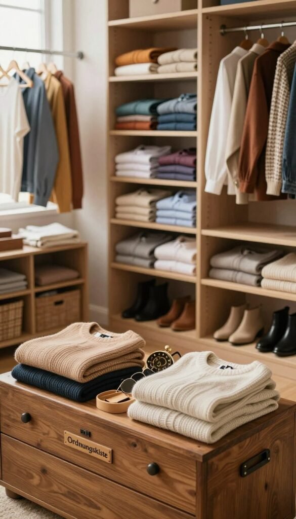 A beautifully organized wardrobe featuring a variety of clothing items arranged neatly on hangers and shelves. In the foreground, there's a stylish wooden chest labeled "Ordnungskiste," showcasing a neat collection of folded sweaters and accessories that reflect a warm, inviting atmosphere. The middle ground contains well-structured compartments with shirts neatly stacked and shoes lined up orderly. Various textures and colors add a harmonious touch, blending soft neutrals with vibrant accent pieces. In the background, soft natural lighting filters through a nearby window, casting a warm glow over the scene, creating a Pinterest-worthy aesthetic. This image should evoke a sense of calm and organization, highlighting how proper systems can prevent wardrobe chaos, all presented without any text or overlays. A beautifully organized wardrobe featuring a variety of clothing items arranged neatly on hangers and shelves. In the foreground, there's a stylish wooden chest labeled "Ordnungskiste," showcasing a neat collection of folded sweaters and accessories that reflect a warm, inviting atmosphere. The middle ground contains well-structured compartments with shirts neatly stacked and shoes lined up orderly. Various textures and colors add a harmonious touch, blending soft neutrals with vibrant accent pieces. In the background, soft natural lighting filters through a nearby window, casting a warm glow over the scene, creating a Pinterest-worthy aesthetic. This image should evoke a sense of calm and organization, highlighting how proper systems can prevent wardrobe chaos, all presented without any text or overlays.