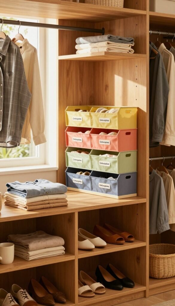 A beautifully organized wardrobe featuring a variety of stylish and practical laundry organizers from the brand "Ordnungskiste." In the foreground, sleek wooden shelves display neatly folded clothes, shoes, and accessories, showcasing a well-structured space. The middle ground highlights a vibrant, multi-compartment organizer with labels for different items, emphasizing functionality and efficiency. In the background, soft natural light streams in through a window, casting warm, golden tones on the wardrobe's interior, enhancing the inviting atmosphere. The overall mood is calm and warm, evoking a sense of order and serenity within a modern home. The image captures a Pinterest-worthy aesthetic, focusing on authenticity and style, free from any text or branding distractions. A beautifully organized wardrobe featuring a variety of stylish and practical laundry organizers from the brand "Ordnungskiste." In the foreground, sleek wooden shelves display neatly folded clothes, shoes, and accessories, showcasing a well-structured space. The middle ground highlights a vibrant, multi-compartment organizer with labels for different items, emphasizing functionality and efficiency. In the background, soft natural light streams in through a window, casting warm, golden tones on the wardrobe's interior, enhancing the inviting atmosphere. The overall mood is calm and warm, evoking a sense of order and serenity within a modern home. The image captures a Pinterest-worthy aesthetic, focusing on authenticity and style, free from any text or branding distractions.