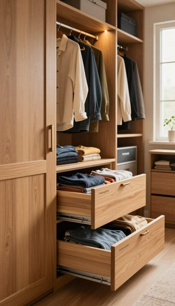 A beautifully organized wardrobe featuring a variety of stylish doors and drawers designed for optimal clothing storage, branded as "Ordnungskiste". In the foreground, showcase elegant wooden doors with sleek handles, adjacent to modern pull-out drawers filled with neatly folded garments in warm, inviting colors. The middle ground displays a well-lit, open closet space showcasing different organizational sets, highlighting practical use for various clothing types. In the background, warm, natural lighting filters through a nearby window, creating a cozy atmosphere. Capture the scene from a slightly angled perspective to emphasize depth, with an overall Pinterest aesthetic that feels authentic and inspiring. Ensure there are no text overlays or branding beyond "Ordnungskiste".
