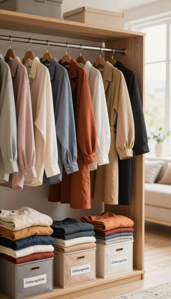 A beautifully organized wardrobe featuring an array of neatly folded clothing in various colors, types, and uses. In the foreground, several neatly arranged fabric boxes labeled "Ordnungskiste" showcase a minimalist aesthetic, with colors harmonizing in warm tones. The middle section reveals hanging garments organized by type and color, displaying shirts, blouses, and dresses in soft pastels and rich hues. In the background, a softly blurred yet stylish room with wooden accents and natural light streaming through a large window creates a cozy, inviting atmosphere. The overall mood is calm and inspirational, embodying a Pinterest-worthy design that promotes a system of order over clutter, perfect for illustrating the theme of effective organization. A beautifully organized wardrobe featuring an array of neatly folded clothing in various colors, types, and uses. In the foreground, several neatly arranged fabric boxes labeled "Ordnungskiste" showcase a minimalist aesthetic, with colors harmonizing in warm tones. The middle section reveals hanging garments organized by type and color, displaying shirts, blouses, and dresses in soft pastels and rich hues. In the background, a softly blurred yet stylish room with wooden accents and natural light streaming through a large window creates a cozy, inviting atmosphere. The overall mood is calm and inspirational, embodying a Pinterest-worthy design that promotes a system of order over clutter, perfect for illustrating the theme of effective organization.