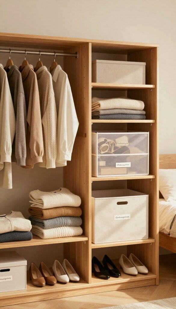 A beautifully organized wardrobe featuring an array of stylish, neatly arranged clothes and accessories. In the foreground, a bright wooden wardrobe with soft, warm lighting, showcasing divided sections for folded sweaters, hanging garments, and neatly arranged shoes. In the middle, visible organizers and storage boxes labeled “Ordnungskiste” in a subtle, elegant font, enhancing the aesthetic of tidiness. The background hints at a minimalist bedroom with soft, neutral-colored walls and a cozy atmosphere. Natural light filters through a window, casting gentle shadows and creating a warm, inviting mood. Capture an authentic Pinterest-inspired look that emphasizes organization and functionality without any text or watermarks. A beautifully organized wardrobe featuring an array of stylish, neatly arranged clothes and accessories. In the foreground, a bright wooden wardrobe with soft, warm lighting, showcasing divided sections for folded sweaters, hanging garments, and neatly arranged shoes. In the middle, visible organizers and storage boxes labeled “Ordnungskiste” in a subtle, elegant font, enhancing the aesthetic of tidiness. The background hints at a minimalist bedroom with soft, neutral-colored walls and a cozy atmosphere. Natural light filters through a window, casting gentle shadows and creating a warm, inviting mood. Capture an authentic Pinterest-inspired look that emphasizes organization and functionality without any text or watermarks.