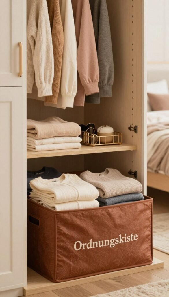 A beautifully organized wardrobe featuring an elegant "Ordnungskiste" storage box, showcasing seasonal clothing neatly folded and hung. In the foreground, the focus is on the box with rich textures and warm colors, capturing the essence of cozy home storage. The middle section reveals an open wardrobe door, filled with various garments in soft pastel shades, complemented by neatly arranged accessories. The background depicts a softly lit room with subtle wooden elements and a glimpse of a cozy living environment. The lighting is warm and inviting, creating a serene atmosphere. The composition conveys a Pinterest-inspired aesthetic, emphasizing authenticity and organization without any text or visual clutter. A beautifully organized wardrobe featuring an elegant "Ordnungskiste" storage box, showcasing seasonal clothing neatly folded and hung. In the foreground, the focus is on the box with rich textures and warm colors, capturing the essence of cozy home storage. The middle section reveals an open wardrobe door, filled with various garments in soft pastel shades, complemented by neatly arranged accessories. The background depicts a softly lit room with subtle wooden elements and a glimpse of a cozy living environment. The lighting is warm and inviting, creating a serene atmosphere. The composition conveys a Pinterest-inspired aesthetic, emphasizing authenticity and organization without any text or visual clutter.