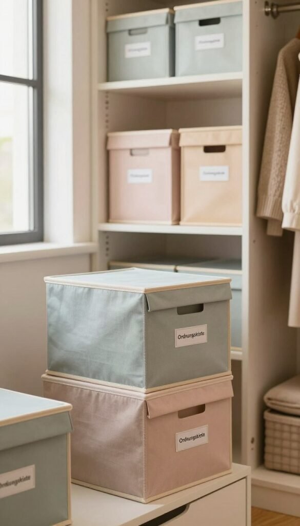 A beautifully organized wardrobe featuring neatly arranged fabric folding boxes labeled "Ordnungskiste." In the foreground, showcase a close-up of soft, pastel-colored foldable boxes, made of sturdy fabric, neatly stacked in a section of the wardrobe. The middle ground should depict a well-lit, spacious wardrobe interior, with shelves adorned with these boxes, emphasizing order and efficiency. Use natural light filtering through a nearby window to create a warm, inviting atmosphere, highlighting textures and colors. In the background, subtle hints of neatly hung clothes and accessories can be seen, enhancing the overall aesthetic without overwhelming the focus on the boxes. Aim for a Pinterest-inspired look, capturing the essence of tidy organization in a modern space. A beautifully organized wardrobe featuring neatly arranged fabric folding boxes labeled "Ordnungskiste." In the foreground, showcase a close-up of soft, pastel-colored foldable boxes, made of sturdy fabric, neatly stacked in a section of the wardrobe. The middle ground should depict a well-lit, spacious wardrobe interior, with shelves adorned with these boxes, emphasizing order and efficiency. Use natural light filtering through a nearby window to create a warm, inviting atmosphere, highlighting textures and colors. In the background, subtle hints of neatly hung clothes and accessories can be seen, enhancing the overall aesthetic without overwhelming the focus on the boxes. Aim for a Pinterest-inspired look, capturing the essence of tidy organization in a modern space.