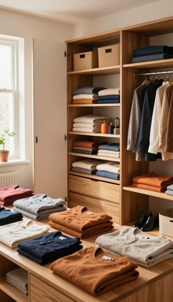 A beautifully organized wardrobe featuring shelves filled with neatly folded clothes sorted by categories: casual wear, business attire, and seasonal outfits. In the foreground, showcase a stylishly arranged display of clothing items in warm colors, emphasizing coordination by color and occasion. In the middle, a stylish wooden wardrobe with open doors revealing interior compartments organized with baskets, hanging clothes, and color-coordinated accessories. In the background, a softly lit room with warm, natural light streaming through a window, creating a cozy atmosphere. The scene embodies a Pinterest-worthy look, reflecting simplicity and functionality. Incorporate the brand name "Ordnungskiste" subtly among the items, without text or logos visibly displayed. Aim for a serene and inviting mood, perfect for encouraging efficient wardrobe organization.