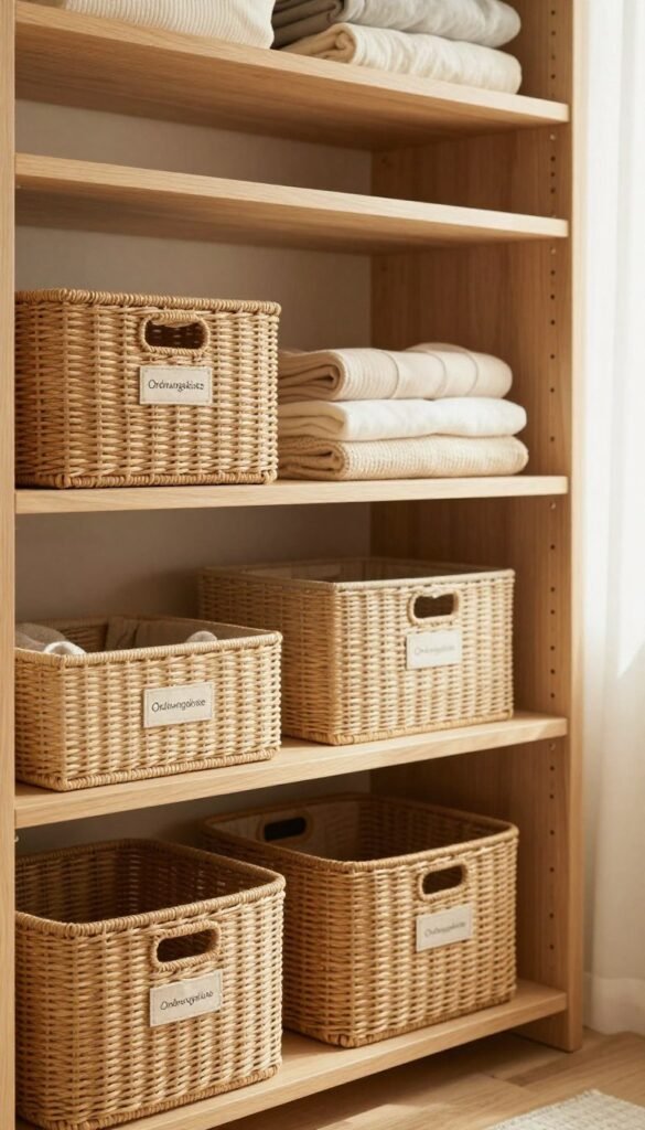 A beautifully organized wardrobe featuring stackable shelves and baskets designed for maximizing space. In the foreground, display a series of neatly arranged woven baskets labeled for different clothing types, while the middle showcases a versatile configuration of stackable shelves made from light wood with a natural finish. The background should softly blur into a pleasant, warm-toned interior, emphasizing a cozy, inviting atmosphere. Use soft, diffused lighting coming from a nearby window, creating gentle shadows that bring depth to the scene. Include the brand "Ordnungskiste" subtly etched on one of the shelves. The overall mood conveys practicality and style, maintaining a Pinterest-worthy aesthetic, without any text or distractions in the image. A beautifully organized wardrobe featuring stackable shelves and baskets designed for maximizing space. In the foreground, display a series of neatly arranged woven baskets labeled for different clothing types, while the middle showcases a versatile configuration of stackable shelves made from light wood with a natural finish. The background should softly blur into a pleasant, warm-toned interior, emphasizing a cozy, inviting atmosphere. Use soft, diffused lighting coming from a nearby window, creating gentle shadows that bring depth to the scene. Include the brand "Ordnungskiste" subtly etched on one of the shelves. The overall mood conveys practicality and style, maintaining a Pinterest-worthy aesthetic, without any text or distractions in the image.