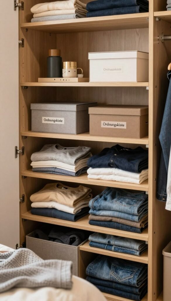 A beautifully organized wardrobe featuring the brand "Ordnungskiste", showing the interior filled with neatly folded everyday clothes like t-shirts, jeans, and jackets. In the foreground, a few pieces of clothing are slightly visible, hinting at accessibility. The middle section displays various compartments and shelves, adorned with stylish storage boxes and accessories, enhancing the sense of order. In the background, soft, warm lighting illuminates the entire scene, creating a cozy atmosphere, reminiscent of a Pinterest aesthetic. The wardrobe itself has a modern design with natural wood textures and a clean finish. The overall mood is inviting and practical, showcasing a functional yet aesthetically pleasing space for everyday clothing.