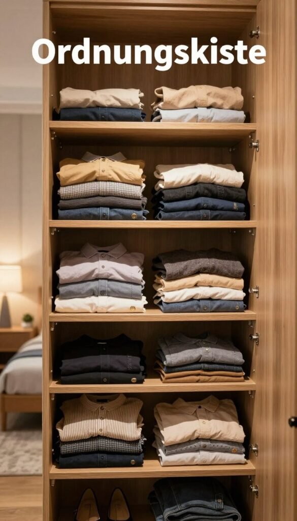 A beautifully organized wardrobe featuring the concept of "Ordnungskiste" with neatly folded clothes in warm, natural colors. In the foreground, showcase a classic open wardrobe with shelves filled with neatly arranged clothing items, such as shirts, pants, and accessories, all in harmonious hues. The middle layer should depict a subtle layering of additional clothing items, hinting at disorganization despite the folding, with a few garments slightly askew. In the background, a softly lit room with wooden accents and warm lighting enhances the cozy atmosphere, inviting viewers to appreciate the delicate balance between order and chaos in clothing storage. Capture the scene from a slightly downward angle to emphasize both the structure of the wardrobe and the inviting ambiance. The overall mood should evoke a sense of realism and functionality, perfect for showcasing effective clothing folding systems.