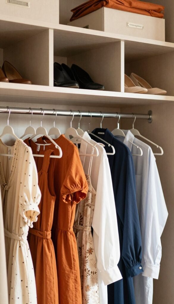 A beautifully organized wardrobe featuring various hanging clothing systems for visibility and accessibility. In the foreground, vibrant, neatly arranged garments like dresses, blouses, and shirts hang on elegant hangers, showcasing an array of colors and textures. The middle ground highlights the wardrobe structure itself, a stylish, modern design with compartments for shoes and accessories, branded as "Ordnungskiste". In the background, soft, warm lighting enhances the inviting atmosphere, reflecting natural tones that create a Pinterest-worthy aesthetic. The scene captures a sense of harmony and order, inviting viewers to envision a clutter-free space that exemplifies effective clothing storage solutions. No human subjects are included, ensuring a focus on the wardrobe's design and functionality. A beautifully organized wardrobe featuring various hanging clothing systems for visibility and accessibility. In the foreground, vibrant, neatly arranged garments like dresses, blouses, and shirts hang on elegant hangers, showcasing an array of colors and textures. The middle ground highlights the wardrobe structure itself, a stylish, modern design with compartments for shoes and accessories, branded as "Ordnungskiste". In the background, soft, warm lighting enhances the inviting atmosphere, reflecting natural tones that create a Pinterest-worthy aesthetic. The scene captures a sense of harmony and order, inviting viewers to envision a clutter-free space that exemplifies effective clothing storage solutions. No human subjects are included, ensuring a focus on the wardrobe's design and functionality.