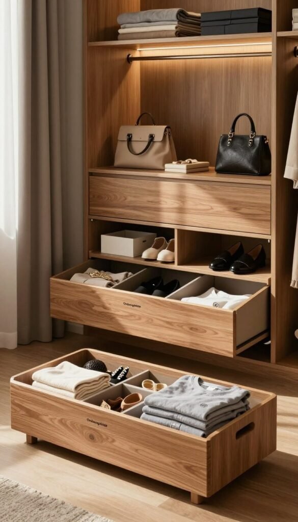 A beautifully organized wardrobe featuring various styles of garderoben organizers from the brand "Ordnungskiste" in a warm, inviting room. In the foreground, showcase a low-budget organizer made of natural wood, filled with neatly folded clothes and some accessories. The middle ground displays a mid-budget organizer with sleek design, incorporating compartments for shoes and bags, elegantly arranged. The background features a high-budget, luxurious organizer with elegant lighting that highlights its polished finish and spacious layout. Soft, natural light filters through a nearby window, casting gentle shadows and creating a cozy atmosphere. The scene should evoke a sense of calm and order, emphasizing the ease of a stress-free morning routine. No text or branding visible in the image.