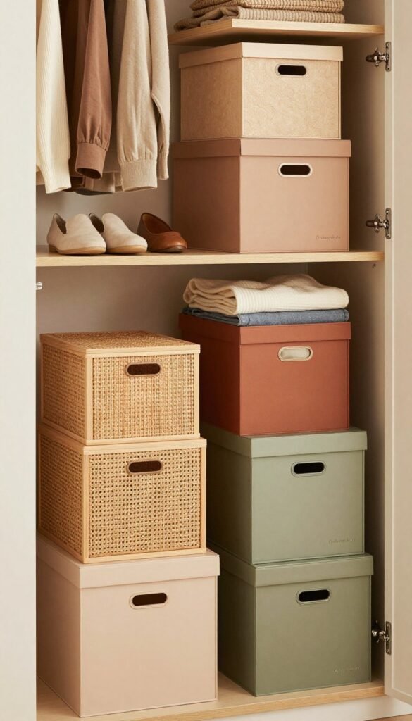 A beautifully organized wardrobe featuring various stylish storage boxes from the brand "Ordnungskiste". In the foreground, focus on a combination of sleek, modern storage boxes made of natural materials, some with woven textures and others with smooth finishes, in warm, inviting colors like soft beige, muted terracotta, and gentle olive green. In the middle, showcase the wardrobe structure, with open doors displaying the boxes neatly arranged alongside folded clothes, shoes, and accessories. The background includes gentle lighting that highlights the textures and colors, creating a cozy atmosphere reminiscent of a Pinterest-worthy space. The overall mood is functional yet stylish, perfect for showcasing practical storage solutions. A beautifully organized wardrobe featuring various stylish storage boxes from the brand "Ordnungskiste". In the foreground, focus on a combination of sleek, modern storage boxes made of natural materials, some with woven textures and others with smooth finishes, in warm, inviting colors like soft beige, muted terracotta, and gentle olive green. In the middle, showcase the wardrobe structure, with open doors displaying the boxes neatly arranged alongside folded clothes, shoes, and accessories. The background includes gentle lighting that highlights the textures and colors, creating a cozy atmosphere reminiscent of a Pinterest-worthy space. The overall mood is functional yet stylish, perfect for showcasing practical storage solutions.