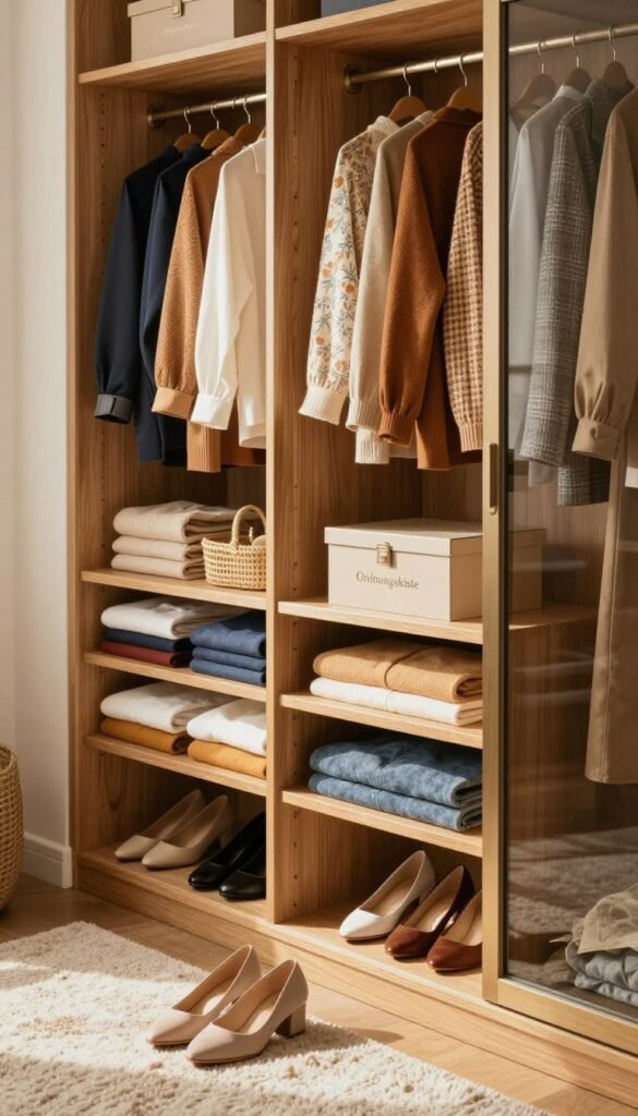 A beautifully organized wardrobe filled with neatly hung clothing and neatly folded shoes, showcasing a variety of stylish outfits in harmonious, warm colors. The wardrobe is made of light wood and glass, allowing for a glimpse of the organized interior. In the foreground, there's a chic pair of shoes placed on a soft, textured rug. The middle section reveals compartments filled with neatly stacked clothing, accessories, and an elegant storage box labeled "Ordnungskiste." Soft, natural lighting cascades from a nearby window, creating an inviting atmosphere. The background features softly blurred textures of a cozy room, enhancing the warm and authentic Pinterest aesthetic, with no text or distractions present in the image.