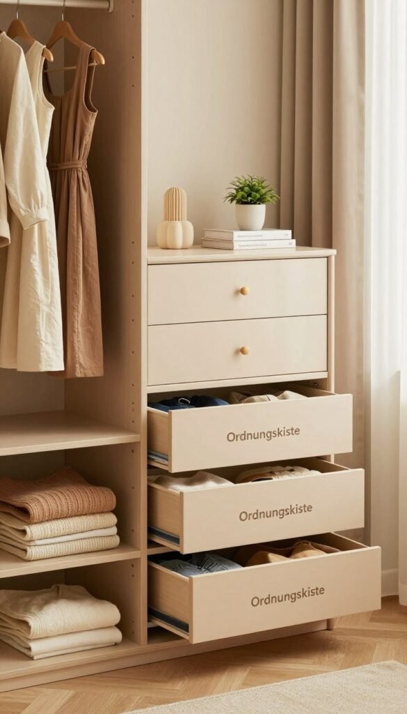 A beautifully organized wardrobe in a cozy bedroom setting, showcasing the brand "Ordnungskiste". In the foreground, neatly arranged compartments of the wardrobe highlight various clothing items like folded sweaters and hanging dresses. In the middle, an elegant dresser complements the wardrobe, adorned with minimalistic decor such as a small potted plant and neatly stacked books. The background features soft, warm lighting that filters through a window draped with sheer curtains, creating a calm atmosphere. The color palette is warm and inviting, with earthy tones of beige, soft browns, and gentle greens reflecting a Pinterest-inspired aesthetic. The overall mood is one of tranquility and organization, emphasizing smart storage solutions without the need for new furniture.