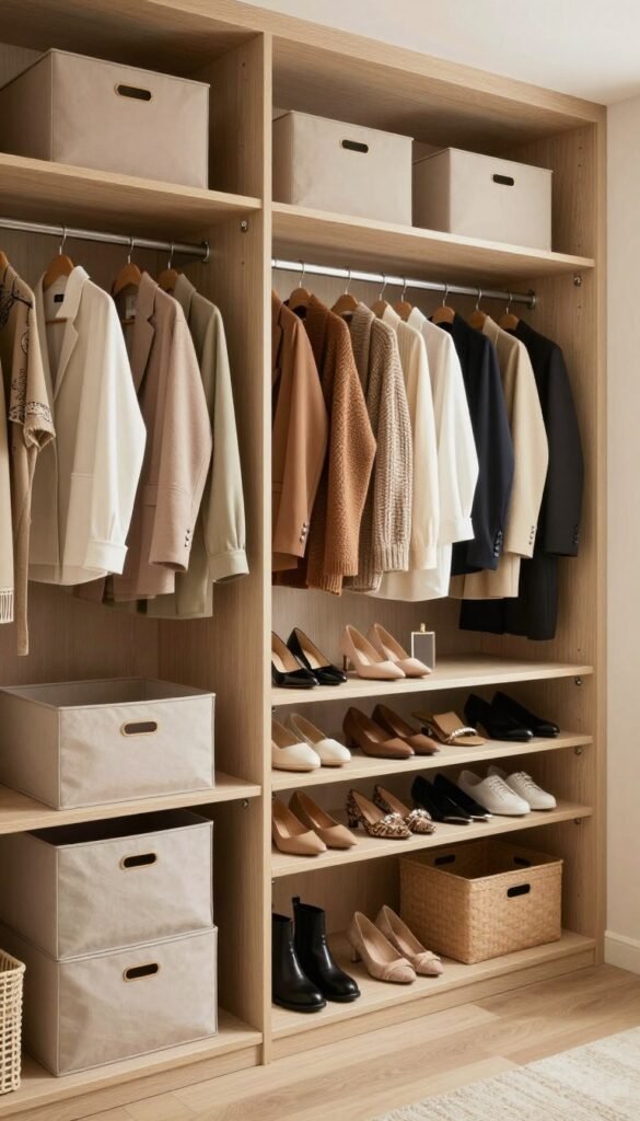 A beautifully organized wardrobe interior by Ordnungskiste, showcasing vertical storage systems with neatly arranged clothing, shoes, and accessories. In the foreground, focus on elegant storage boxes and baskets in soft neutral colors, enhancing the aesthetic. The middle features an open wardrobe with clothes hung neatly by color and type, showcasing a harmonious blend of seasonal outfits. The background consists of subtle wooden textures and soft ambient lighting, creating a warm atmosphere. Wide-angle shot to capture the full essence of organization. The overall mood is inviting, inspiring viewers to rethink their wardrobe management. The image should capture a Pinterest-inspired aesthetic, reflecting authenticity and a modern touch, without any text or watermarks.