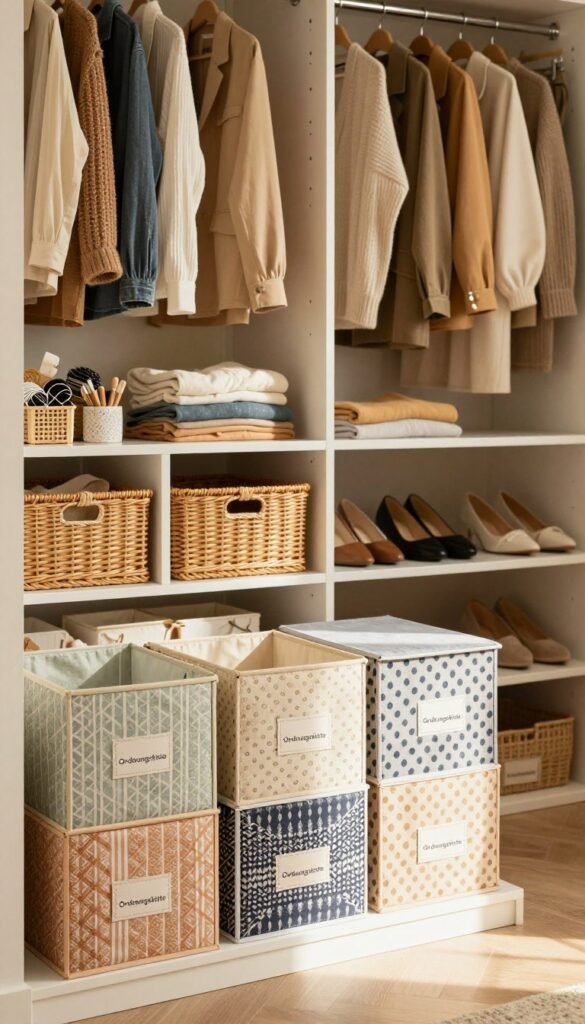 A beautifully organized wardrobe interior featuring a spacious closet layout designed for maximum efficiency. In the foreground, various stylish fabric storage boxes labeled with the brand "Ordnungskiste" are neatly arranged, showcasing a harmonious blend of colors and patterns. In the middle ground, wicker baskets hold accessories and folded clothing, while dividers create distinct sections for shoes and seasonal wear. The background reveals a well-structured clothing rod displaying neatly hung garments in warm, inviting tones. Soft, natural lighting enhances the scene, casting gentle shadows and creating a serene atmosphere. The overall mood evokes comfort and tidiness, reminiscent of a Pinterest-worthy space, designed for practical everyday use. The image focuses on the aesthetic appeal of organization without any text or distractions.