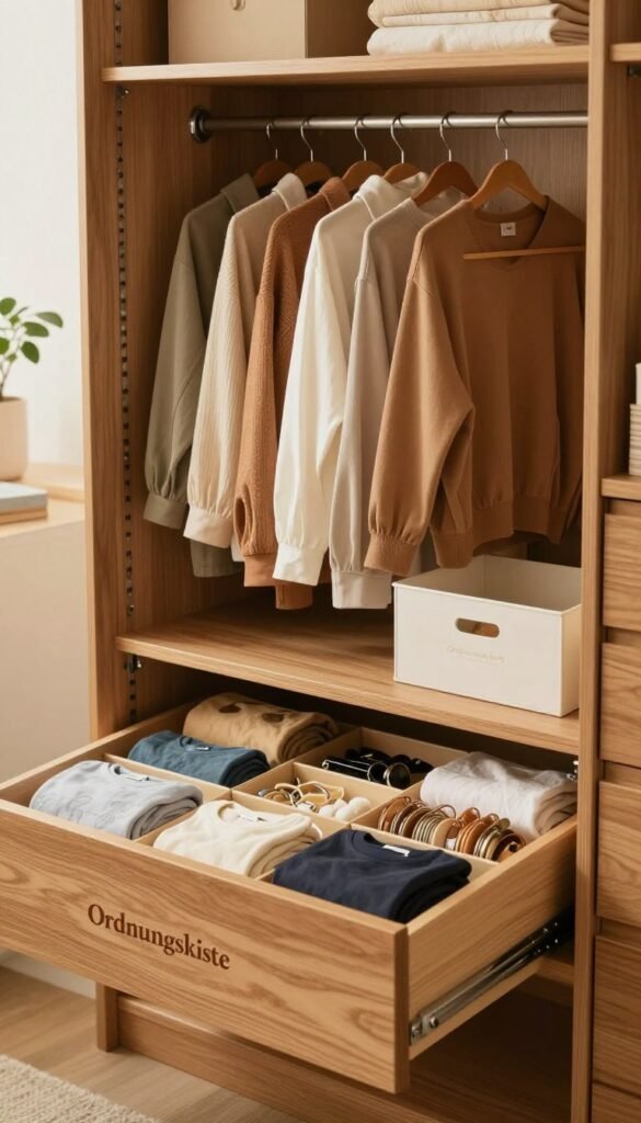 A beautifully organized wardrobe interior featuring a stylish wooden kleiderschrank filled with neatly arranged clothes. In the foreground, an open drawer showcasing the "Ordnungskiste" brand storage boxes with neatly rolled t-shirts and accessories. The middle section displays hanging garments in coordinating colors, utilizing elegant hangers for a refined look. Various organizational products are visible, including shelves and dividers, all bathed in soft, warm lighting to create an inviting atmosphere. The background subtly hints at a cozy, well-lit room, with a hint of greenery visible through a window to enhance the mood. The overall aesthetic is natural and authentic, reflecting a Pinterest-inspired design, without any text or branding in the image.