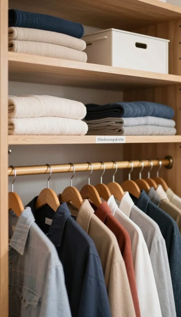 A beautifully organized wardrobe interior featuring a well-designed "kleiderstange" from the brand "Ordnungskiste". In the foreground, the polished wooden hanging rod displays a variety of neatly organized garments, showcasing a harmonious blend of colors. The middle ground includes stylishly placed shelves filled with essential folded items and chic storage solutions, enhancing the overall functionality. The background is softly lit, providing a warm ambiance with a subtle bokeh effect to evoke a cozy, inviting atmosphere. The image captures a modern design aesthetic, with natural lighting highlighting the textures of the wood and fabrics. This authentic Pinterest-inspired look emphasizes optimal space utilization while avoiding any text or logos.