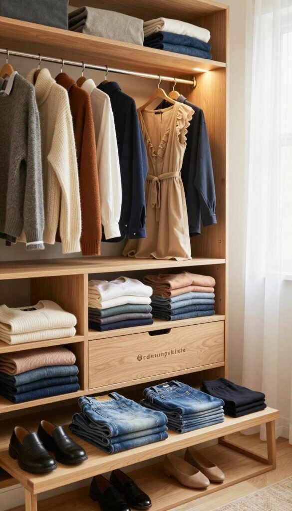 A beautifully organized wardrobe interior featuring neatly folded clothing and color-coordinated outfits, showcasing a seamless seasonal transition. In the foreground, a stylish wooden shelf displays well-arranged sweaters, jeans, and accessories. The middle layer features a chic open dresser revealing perfectly stacked t-shirts and a few hanging dresses. In the background, soft ambient lighting illuminates the space, creating a warm and inviting atmosphere, with natural light filtering through a window adorned with sheer curtains. The overall mood is calming and inspirational, reflecting a Pinterest aesthetic. Include subtle branding with the logo of "Ordnungskiste" on the wardrobe. The image captures the stress-free organization of clothing for a successful seasonal changeover. A beautifully organized wardrobe interior featuring neatly folded clothing and color-coordinated outfits, showcasing a seamless seasonal transition. In the foreground, a stylish wooden shelf displays well-arranged sweaters, jeans, and accessories. The middle layer features a chic open dresser revealing perfectly stacked t-shirts and a few hanging dresses. In the background, soft ambient lighting illuminates the space, creating a warm and inviting atmosphere, with natural light filtering through a window adorned with sheer curtains. The overall mood is calming and inspirational, reflecting a Pinterest aesthetic. Include subtle branding with the logo of "Ordnungskiste" on the wardrobe. The image captures the stress-free organization of clothing for a successful seasonal changeover.