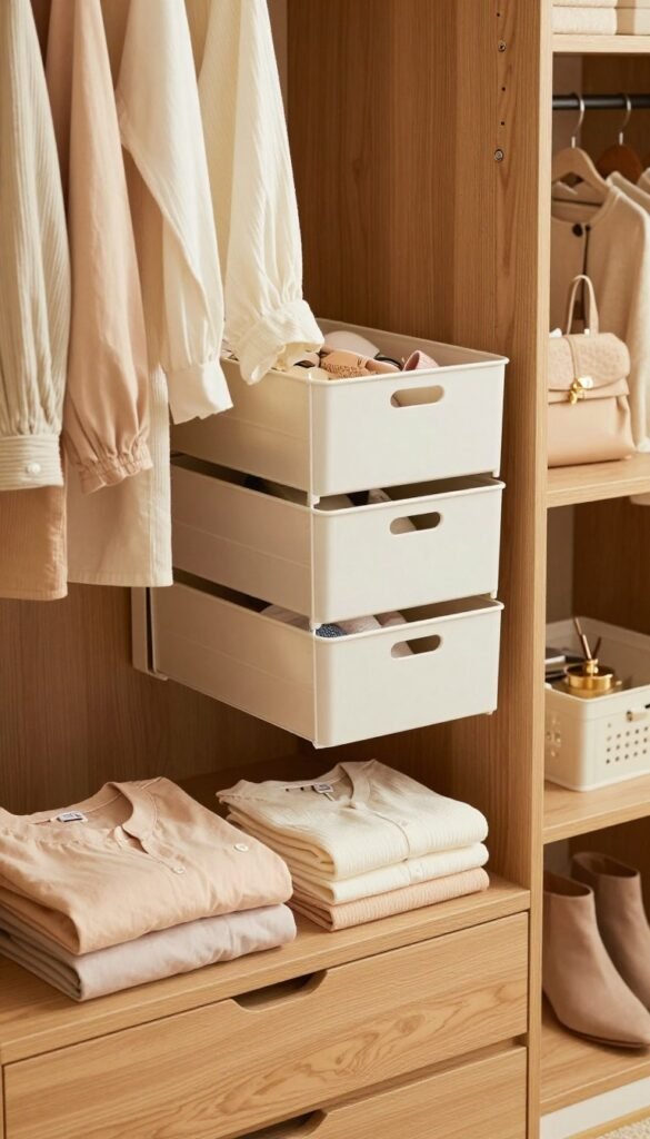 A beautifully organized wardrobe interior scene, showcasing modern storage solutions. In the foreground, a stylish wooden dressing area featuring the brand "Ordnungskiste," filled with neatly folded clothes and accessories in soft pastel colors. The middle section highlights innovative storage extensions like hanging organizers and stackable bins for maximizing space, all arranged harmoniously. In the background, a soft-lit room with warm, natural lighting that creates an inviting, cozy atmosphere, reflecting a Pinterest-worthy aesthetic. The angle is slightly elevated, capturing the full depth of the wardrobe while emphasizing the organized elements. The overall mood is serene, emphasizing order and functionality without any text or clutter.