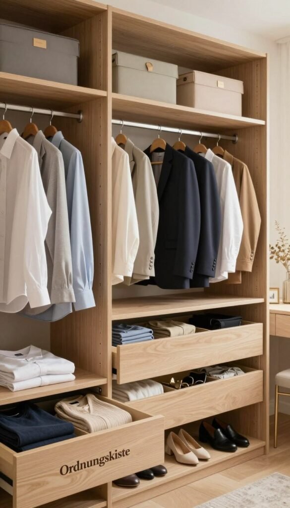 A beautifully organized wardrobe interior, showcasing a stylish and functional storage solution inspired by the brand "Ordnungskiste". In the foreground, neatly arranged clothing items such as shirts, blouses, and pants in gentle, complementary colors sit on elegantly designed open shelves. The middle layer features a well-utilized hanging space with tailored garments on hangers, flanked by sliding drawers containing accessories and shoes. The background reveals a softly lit ambiance with natural wood accents and warm lighting, creating an inviting atmosphere. The image should capture a Pinterest-worthy aesthetic, focusing on authentic organization without any text overlays or distractions. The angle should be slightly elevated to highlight the depth and arrangement of the wardrobe, evoking a sense of calm and order. A beautifully organized wardrobe interior, showcasing a stylish and functional storage solution inspired by the brand "Ordnungskiste". In the foreground, neatly arranged clothing items such as shirts, blouses, and pants in gentle, complementary colors sit on elegantly designed open shelves. The middle layer features a well-utilized hanging space with tailored garments on hangers, flanked by sliding drawers containing accessories and shoes. The background reveals a softly lit ambiance with natural wood accents and warm lighting, creating an inviting atmosphere. The image should capture a Pinterest-worthy aesthetic, focusing on authentic organization without any text overlays or distractions. The angle should be slightly elevated to highlight the depth and arrangement of the wardrobe, evoking a sense of calm and order.