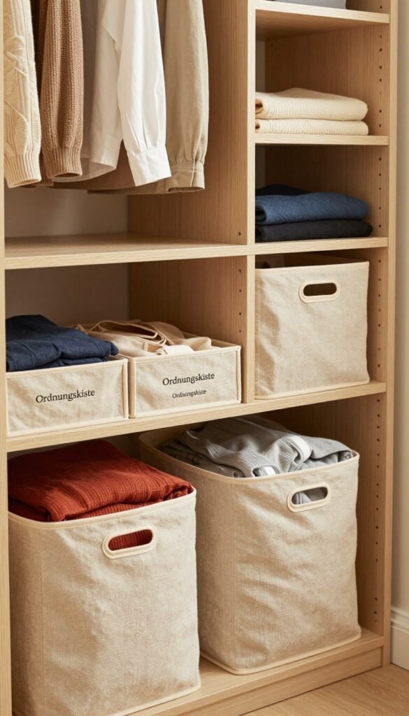 A beautifully organized wardrobe scene featuring "Ordnungskiste" dividers and baskets in natural, warm tones. In the foreground, showcase various stylish fabric storage baskets neatly arranged, highlighting their texture and vibrant colors. In the middle, display the "Ordnungskiste" dividers, expertly positioned to divide sections of clothing, creating an elegant showcase of folded garments. The background should feature a softly lit wardrobe with wooden shelves filled with organized clothes. Use natural lighting to enhance warmth and create a cozy atmosphere. Capture the scene from a slightly elevated angle to allow a clear view of the organized structure. Aim for an authentic Pinterest aesthetic, embodying a sense of calm and order without any text or distractions. A beautifully organized wardrobe scene featuring "Ordnungskiste" dividers and baskets in natural, warm tones. In the foreground, showcase various stylish fabric storage baskets neatly arranged, highlighting their texture and vibrant colors. In the middle, display the "Ordnungskiste" dividers, expertly positioned to divide sections of clothing, creating an elegant showcase of folded garments. The background should feature a softly lit wardrobe with wooden shelves filled with organized clothes. Use natural lighting to enhance warmth and create a cozy atmosphere. Capture the scene from a slightly elevated angle to allow a clear view of the organized structure. Aim for an authentic Pinterest aesthetic, embodying a sense of calm and order without any text or distractions.