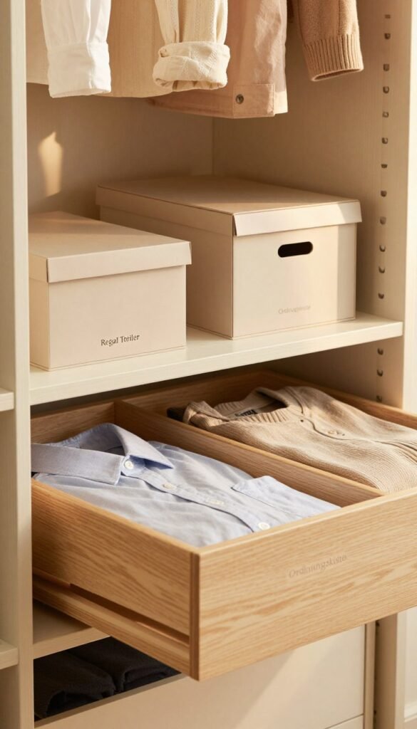 A beautifully organized wardrobe scene featuring an elegant "Regal Teiler" and practical "Schubladenteiler" from the brand "Ordnungskiste." In the foreground, showcase the wooden dividers displaying neatly arranged clothing items, such as folded shirts and sweaters, highlighting their functionality. In the middle ground, include stylish storage boxes in soft, natural colors, integrated into the wardrobe design, enhancing the organization theme. The background features a softly lit, cozy wardrobe interior with warm tones, creating an inviting atmosphere. The lighting is warm and diffused, reminiscent of golden hour sunlight, adding a touch of elegance. Capture the mood of harmony and order, with a Pinterest-inspired aesthetic, ensuring authenticity without any text or watermarks. A beautifully organized wardrobe scene featuring an elegant "Regal Teiler" and practical "Schubladenteiler" from the brand "Ordnungskiste." In the foreground, showcase the wooden dividers displaying neatly arranged clothing items, such as folded shirts and sweaters, highlighting their functionality. In the middle ground, include stylish storage boxes in soft, natural colors, integrated into the wardrobe design, enhancing the organization theme. The background features a softly lit, cozy wardrobe interior with warm tones, creating an inviting atmosphere. The lighting is warm and diffused, reminiscent of golden hour sunlight, adding a touch of elegance. Capture the mood of harmony and order, with a Pinterest-inspired aesthetic, ensuring authenticity without any text or watermarks.
