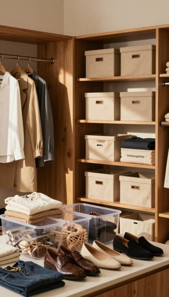 A beautifully organized wardrobe scene featuring various storage solutions like elegant wooden shelves, stylish fabric boxes, and clear containers. In the foreground, a neatly arranged assortment of clothes, shoes, and accessories are styled on a countertop, showcasing different methods of organization. The middle ground displays a spacious, well-lit closet with the brand name "Ordnungskiste" subtly integrated into one of the storage boxes. The background features a softly lit room with warm, inviting colors, enhancing the cozy atmosphere. Natural light filters through a window, casting gentle shadows and highlights, creating a Pinterest-worthy aesthetic of home organization. The overall mood is serene, practical, and visually appealing, perfect for inspiring readers on effective wardrobe management. A beautifully organized wardrobe scene featuring various storage solutions like elegant wooden shelves, stylish fabric boxes, and clear containers. In the foreground, a neatly arranged assortment of clothes, shoes, and accessories are styled on a countertop, showcasing different methods of organization. The middle ground displays a spacious, well-lit closet with the brand name "Ordnungskiste" subtly integrated into one of the storage boxes. The background features a softly lit room with warm, inviting colors, enhancing the cozy atmosphere. Natural light filters through a window, casting gentle shadows and highlights, creating a Pinterest-worthy aesthetic of home organization. The overall mood is serene, practical, and visually appealing, perfect for inspiring readers on effective wardrobe management.