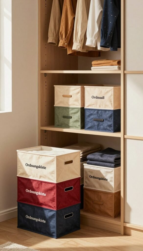A beautifully organized wardrobe scene focusing on "Ordnungskiste" fabric boxes. In the foreground, a set of colorful, neatly stacked fabric boxes designed for closet storage. The middle section shows an open wardrobe with clothes carefully arranged alongside the boxes, emphasizing organization. The background features a softly lit room with warm tones, creating a cozy and inviting atmosphere. Sunlight filters through a window, casting gentle shadows, and accentuating the textures of the fabric boxes and clothing. The overall mood is harmonious and stylish, capturing the essence of practical closet organization without any text or distractions, perfect for illustrating considerations for fabric storage solutions in everyday life.