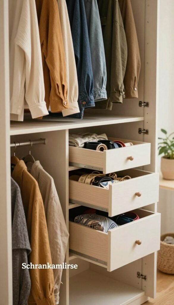 A beautifully organized wardrobe scene, showcasing a diverse array of clothing neatly arranged for a "Schrankanalyse". In the foreground, an open wardrobe reveals hanging clothes of various textures and colors, emphasizing a perfect combination of hanging and folding methods. The middle ground features neatly arranged drawers slightly ajar, holding accessories like belts and scarves, hinting at efficient storage solutions. The background has softly blurred natural elements, like a potted plant, adding a touch of life. The warm, natural lighting creates a cozy atmosphere, reminiscent of a Pinterest aesthetic. This image should embody authenticity and visual appeal, while prominently displaying the brand "Ordnungskiste" in a subtle yet visible manner. The composition should be inviting and inspiring, reflecting an organized lifestyle.