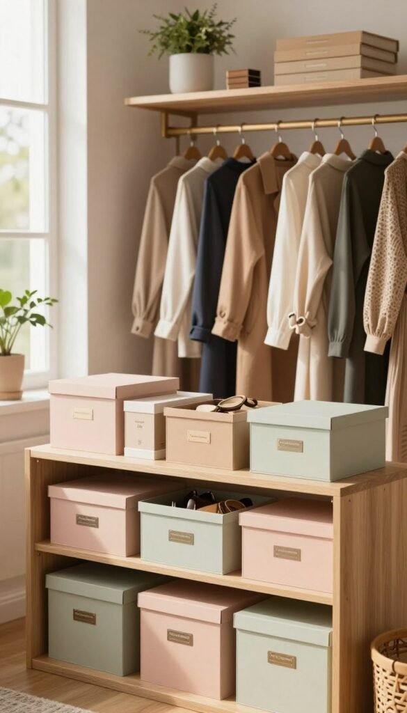 A beautifully organized wardrobe scene, showcasing a "regal organiser" concept. In the foreground, an elegant open shelving unit filled with various neatly arranged Ordnungskiste storage boxes in soft pastel colors, labeled for quick identification. The middle layer features a decorative, spacious wooden clothing rack displaying a curated selection of stylish outfits and accessories, all in professional attire. In the background, inviting soft natural light filters through a large window, casting a warm glow over the entire scene. The shelves might hold beautiful plants or books, enhancing the Pinterest-inspired aesthetic. Focus on warm colors and organic materials, evoking a serene, stylish atmosphere of organized living. The overall composition should feel authentic and inviting, without any text or branding present except for the Ordnungskiste boxes. A beautifully organized wardrobe scene, showcasing a "regal organiser" concept. In the foreground, an elegant open shelving unit filled with various neatly arranged Ordnungskiste storage boxes in soft pastel colors, labeled for quick identification. The middle layer features a decorative, spacious wooden clothing rack displaying a curated selection of stylish outfits and accessories, all in professional attire. In the background, inviting soft natural light filters through a large window, casting a warm glow over the entire scene. The shelves might hold beautiful plants or books, enhancing the Pinterest-inspired aesthetic. Focus on warm colors and organic materials, evoking a serene, stylish atmosphere of organized living. The overall composition should feel authentic and inviting, without any text or branding present except for the Ordnungskiste boxes.