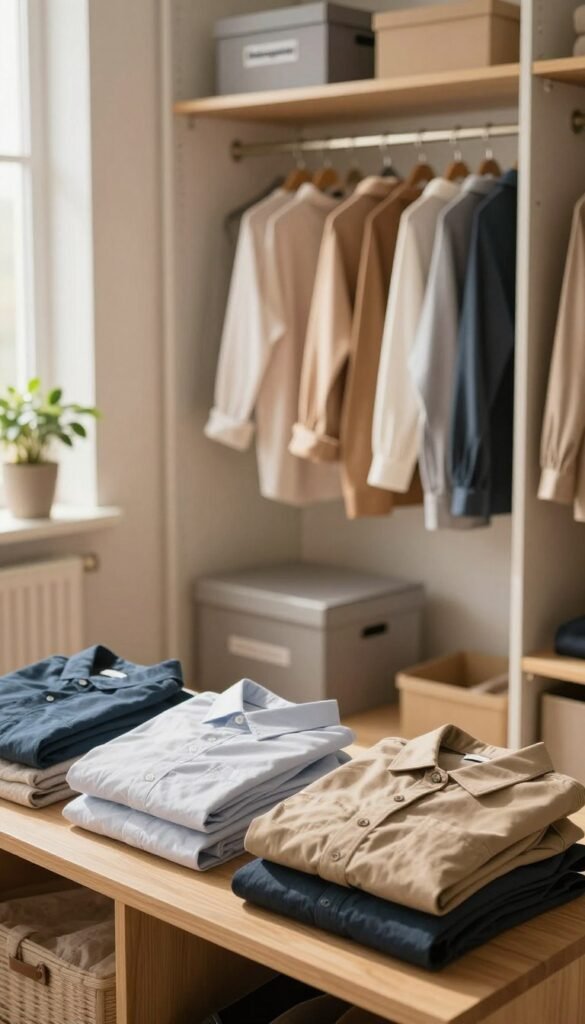 A beautifully organized wardrobe scene showcasing the concept of decluttering for more space and overview. In the foreground, a neatly arranged set of clothing items, such as a few well-folded shirts, pants, and a stylish jacket, set atop a wooden shelf. In the middle ground, a visually appealing open wardrobe with minimalistic design, displaying neatly hung clothes in soft, warm colors. Natural light filters in from a nearby window, casting gentle shadows and illuminating the space with a cozy glow. In the background, a stylish storage box labeled "Ordnungskiste" is positioned next to a small potted plant. The atmosphere is calm and inviting, embodying the essence of simplicity and organization, resembling a Pinterest-style interior. A beautifully organized wardrobe scene showcasing the concept of decluttering for more space and overview. In the foreground, a neatly arranged set of clothing items, such as a few well-folded shirts, pants, and a stylish jacket, set atop a wooden shelf. In the middle ground, a visually appealing open wardrobe with minimalistic design, displaying neatly hung clothes in soft, warm colors. Natural light filters in from a nearby window, casting gentle shadows and illuminating the space with a cozy glow. In the background, a stylish storage box labeled "Ordnungskiste" is positioned next to a small potted plant. The atmosphere is calm and inviting, embodying the essence of simplicity and organization, resembling a Pinterest-style interior.