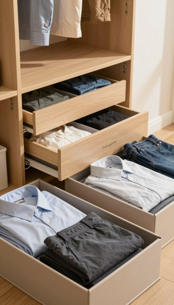 A beautifully organized wardrobe scene showcasing various folding systems for clothing, with the brand name "Ordnungskiste" subtly integrated into the design. In the foreground, neatly folded shirts and pants are arranged in a stylish box, highlighting a specific folding technique. In the middle, a range of drawers displays different clothing items, each folded using various methods suited for different spaces&mdash;like drawers and boxes. The background features an open wardrobe with an inviting atmosphere, bathed in warm, natural light, resembling a Pinterest-inspired aesthetic. The overall mood evokes a sense of order and harmony, with soft shadows and gentle highlights accentuating the textures of the fabrics, creating a visually appealing and authentic representation of effective clothing organization.
