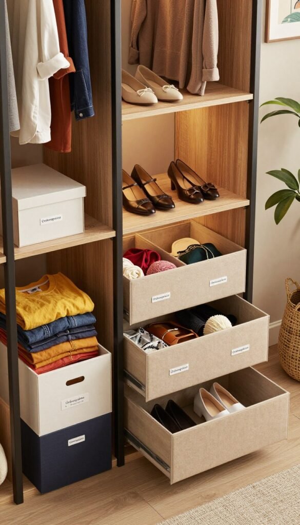 A beautifully organized wardrobe scene, showcasing various stylish and functional closet organizers by the brand "Ordnungskiste". In the foreground, neatly arranged storage boxes with labels and open compartments reveal color-coordinated clothes, shoes, and accessories. The middle layer features a modern, accessible closet structure made of wood and metal, with soft lighting highlighting the textures and colors. In the background, a well-decorated room adds warmth, with muted colors and natural elements like plants. Use a warm color palette to create an inviting atmosphere, and employ a slightly elevated angle for depth. The overall mood should evoke a sense of organization and aesthetic appeal, capturing the essence of optimal wardrobe solutions without any text, logos, or distracting elements.