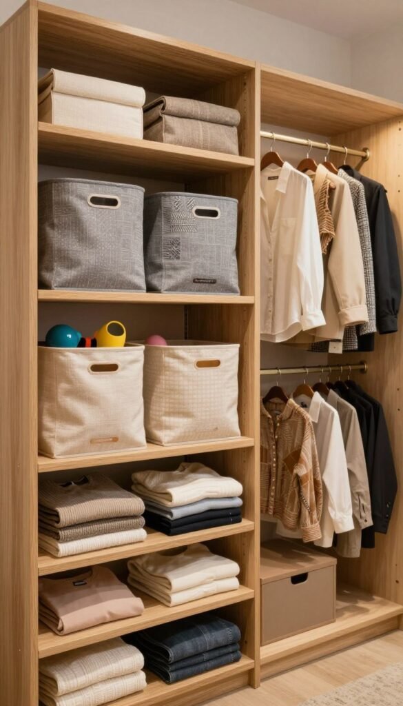 A beautifully organized wardrobe setup representing three budget tiers: low, mid, and high. In the foreground, show a minimalist low-budget wardrobe with simple wooden shelves and neatly arranged clothes. In the middle, display a mid-range wardrobe with stylish fabric bins, colorful accessories, and an inviting layout. In the background, feature a high-end wardrobe with luxurious details, soft lighting, and elegantly arranged garments, emphasizing a sense of sophistication. Utilize natural warm colors to create an authentic Pinterest-like look. Soft, inspiring lighting enhances the cozy atmosphere, capturing the essence of order and clarity in a space designed by "Ordnungskiste." No texts or logos visible, only a stunning visual representation of organized living.