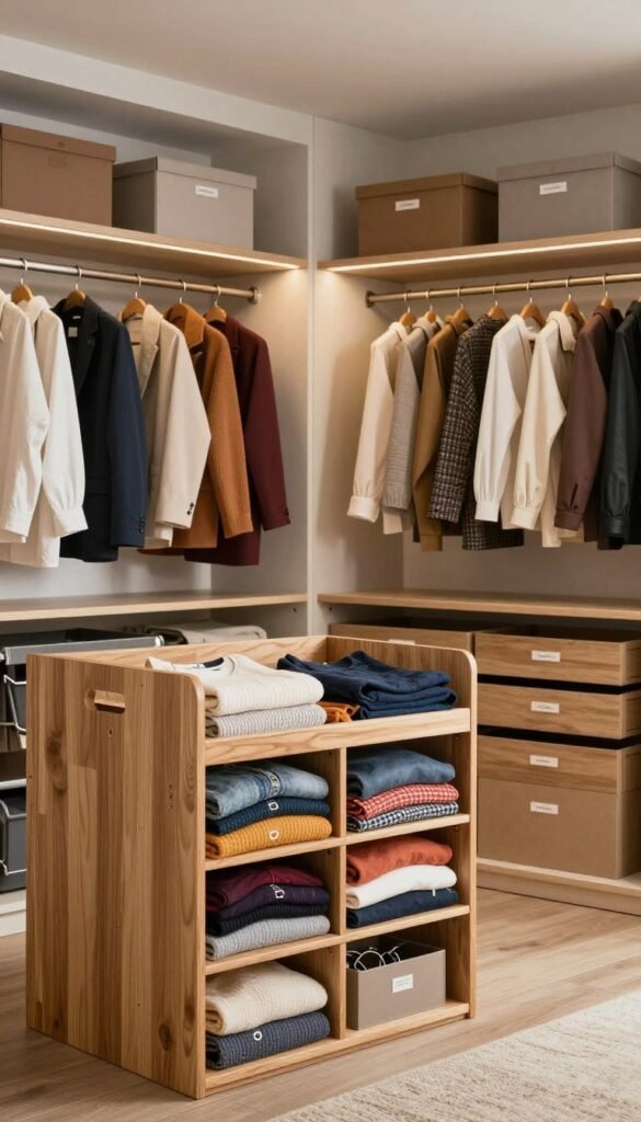 A beautifully organized wardrobe showcasing a variety of categorized storage solutions. In the foreground, display neatly folded colorful clothes stacked in a wooden Ordnungskiste, with smaller boxes for accessories. The middle ground should feature a well-arranged section with hanging garments, each color-coordinated and labeled by category. The background can include soft, warm lighting illuminating the wardrobe, creating a cozy and inviting atmosphere. Use a wide-angle view to capture the entire wardrobe space, emphasizing structure and order. The overall mood should reflect tranquility and efficiency, with earthy tones and a Pinterest-inspired aesthetic for a professional yet accessible look.