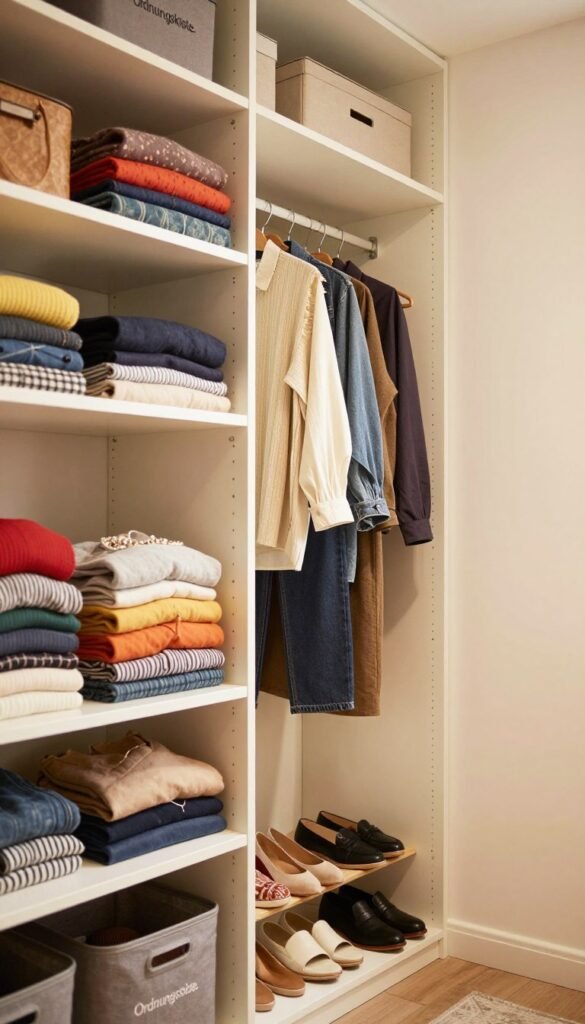 A beautifully organized wardrobe showcasing a vertical space-saving system. In the foreground, neatly arranged shelves filled with colorful folded clothes and accessories in stylish storage bins, branded "Ordnungskiste." In the middle, a tall, modern closet filled with hanging garments, with a focus on utilizing vertical height efficiently; an elegant stack of shoes at the bottom. The background features soft, warm lighting that creates a cozy atmosphere, highlighting the textures of the fabrics and materials. The angle is slightly tilted upward to emphasize the height of the wardrobe, with a Pinterest-inspired aesthetic that feels inviting and authentic. No text or distractions in the image, just a clean, well-organized space.