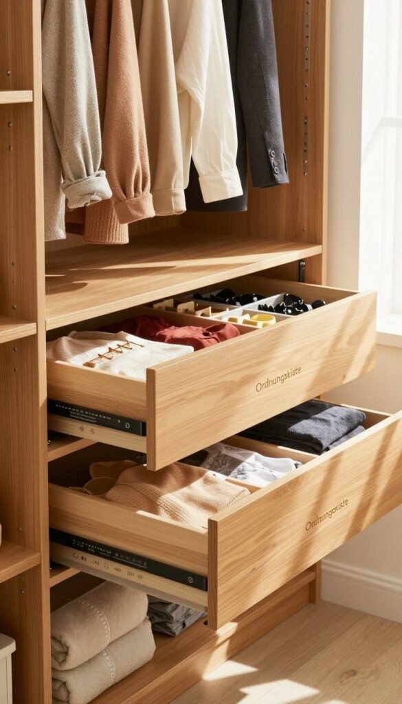 A beautifully organized wardrobe showcasing an efficient system of storage with modular containers from "Ordnungskiste". In the foreground, a visually appealing wooden wardrobe with neatly hung clothes in various categories: casual, formal, and seasonal. In the middle ground, open drawers revealing color-coordinated accessories and folded garments, highlighting the functional organization. The background features soft, natural lighting streaming through a nearby window, casting warm tones throughout the scene. Incorporate a minimalist, Pinterest-style aesthetic with cozy textures, ensuring the atmosphere feels inviting and organized. Capture this scene from a slight angle to emphasize depth, focusing on the harmony of the wardrobe layout while maintaining a clean and clutter-free appearance, free of any text, logos, or distractions.