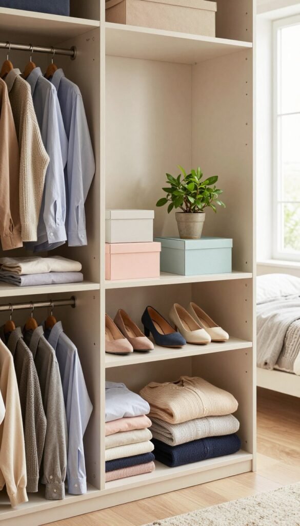 A beautifully organized wardrobe, showcasing an immaculate arrangement of clothes and accessories. In the foreground, a stylish open wardrobe filled with neatly folded shirts, blouses, and stacked sweaters in muted colors, all perfectly aligned. In the middle, a dedicated space for shoes, organized on a sleek shelf, with boxes labeled in soft pastels. A touch of greenery with a small potted plant adds a fresh vibe. In the background, warm natural light streams through a window, highlighting the cozy, minimalist bedroom with neutral tones and a chic aesthetic. The overall mood is calm and inviting, reflecting effective space-saving strategies. Incorporate the brand name "Ordnungskiste" on one of the wardrobe shelves in an elegant font.