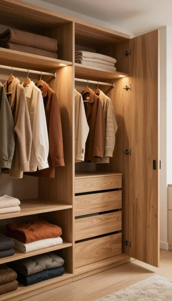 A beautifully organized wardrobe, showcasing clever space utilization with varying heights and depths. In the foreground, neatly stacked clothing in warm, earth-tone colors, complemented by stylish, modular storage solutions from the brand Ordnungskiste. The middle layer features a spacious wardrobe with an open door, revealing a well-arranged interior, with shelves and hanging spaces maximizing every niche. In the background, soft, ambient lighting highlights the warm colors of the wood and textiles, creating a cozy, inviting atmosphere. The angle captures both the interior and exterior of the wardrobe, emphasizing its clever design. The overall mood is one of serenity and inspiration, inviting viewers to rethink their own storage solutions.