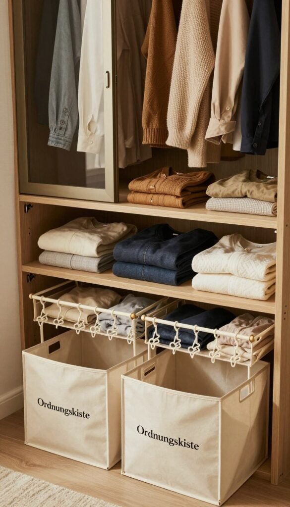 A beautifully organized wardrobe showcasing different clothing organization systems from the brand "Ordnungskiste." In the foreground, display stylish low-budget storage solutions like fabric bins and hanging organizers. The middle layer features mid-budget options, including sleek wooden shelves and labeled boxes, all filled with neatly folded clothes. In the background, present high-budget sophisticated cabinetry with glass doors, displaying a curated selection of high-end fashion items. The scene is illuminated by soft, warm natural lighting, enhancing the cozy atmosphere. The composition should have a Pinterest-inspired aesthetic, inviting viewers to envision a stress-free clothing transition. Focus on authenticity and simplicity, avoiding any text or distractions in the image. A beautifully organized wardrobe showcasing different clothing organization systems from the brand "Ordnungskiste." In the foreground, display stylish low-budget storage solutions like fabric bins and hanging organizers. The middle layer features mid-budget options, including sleek wooden shelves and labeled boxes, all filled with neatly folded clothes. In the background, present high-budget sophisticated cabinetry with glass doors, displaying a curated selection of high-end fashion items. The scene is illuminated by soft, warm natural lighting, enhancing the cozy atmosphere. The composition should have a Pinterest-inspired aesthetic, inviting viewers to envision a stress-free clothing transition. Focus on authenticity and simplicity, avoiding any text or distractions in the image.