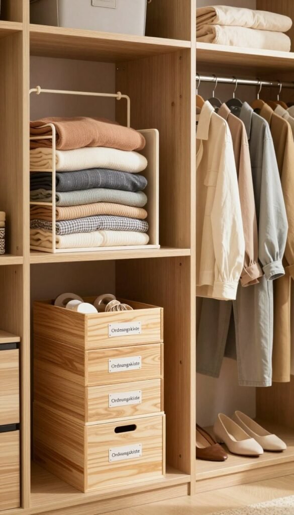A beautifully organized wardrobe showcasing various Ordnungshilfen (organizers) designed for efficient storage. In the foreground, neatly arranged stackable boxes and hanging organizers are labeled "Ordnungskiste", made of natural materials in warm tones. The middle section displays a color-coordinated clothing collection with neatly folded garments and accessories in soft, muted colors, reflecting a calm atmosphere. In the background, a well-lit closet space with wooden shelves provides depth, enhanced by soft, natural lighting that casts gentle shadows. The scene conveys a sense of tranquility and order, embodying the concept of stress reduction through organization, with a Pinterest-worthy aesthetic, free of any text or distractions.