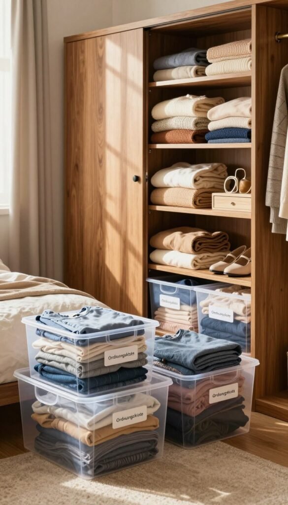 A beautifully organized wardrobe showcasing various "Ordnungskiste" storage solutions, displaying key purchase criteria for a closet organizer. In the foreground, clear plastic bins filled with neatly folded clothes, with labels visible yet unobtrusive. The middle ground features a stylish wooden closet with sliding doors, half-open, revealing well-organized shelves with neatly stacked sweaters, shoes, and accessories. The background contains soft-focused, inviting warm hues of a cozy bedroom with natural light streaming in through a window, casting gentle shadows. The atmosphere exudes a sense of tranquility and order, perfect for illustrating thoughtful color coordination and efficient storage solutions. The overall image embodies a Pinterest-inspired aesthetic, capturing the essence of smart wardrobe organization without any text or distractions. A beautifully organized wardrobe showcasing various "Ordnungskiste" storage solutions, displaying key purchase criteria for a closet organizer. In the foreground, clear plastic bins filled with neatly folded clothes, with labels visible yet unobtrusive. The middle ground features a stylish wooden closet with sliding doors, half-open, revealing well-organized shelves with neatly stacked sweaters, shoes, and accessories. The background contains soft-focused, inviting warm hues of a cozy bedroom with natural light streaming in through a window, casting gentle shadows. The atmosphere exudes a sense of tranquility and order, perfect for illustrating thoughtful color coordination and efficient storage solutions. The overall image embodies a Pinterest-inspired aesthetic, capturing the essence of smart wardrobe organization without any text or distractions.