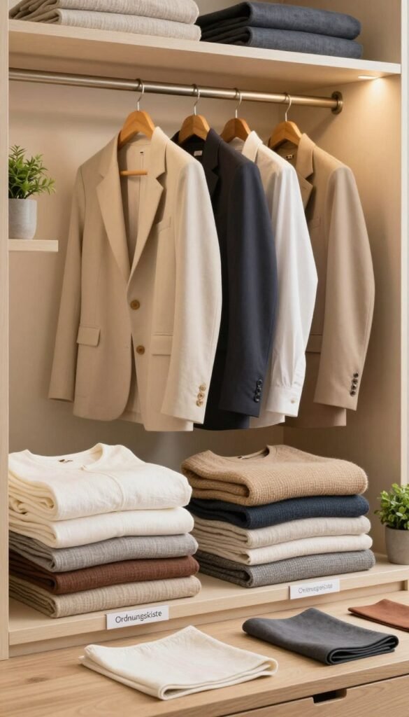 A beautifully organized wardrobe showcasing various clothing materials in warm, natural colors, ideal for a Pinterest-inspired aesthetic. In the foreground, neatly folded fabrics such as cotton, linen, and wool are arranged artistically on shelves, with clear labels for each type. The middle section features stylish, professional business attire hung on wooden hangers, creating a cohesive and elegant look. The background includes soft, ambient lighting that highlights the textures and colors of the materials, giving a cozy and inviting atmosphere. Add decorative elements like small potted plants and fabric swatches scattered across a wooden surface for added depth. The brand name "Ordnungskiste" should subtly blend into the design of the wardrobe, enhancing the overall aesthetic without overpowering it.
