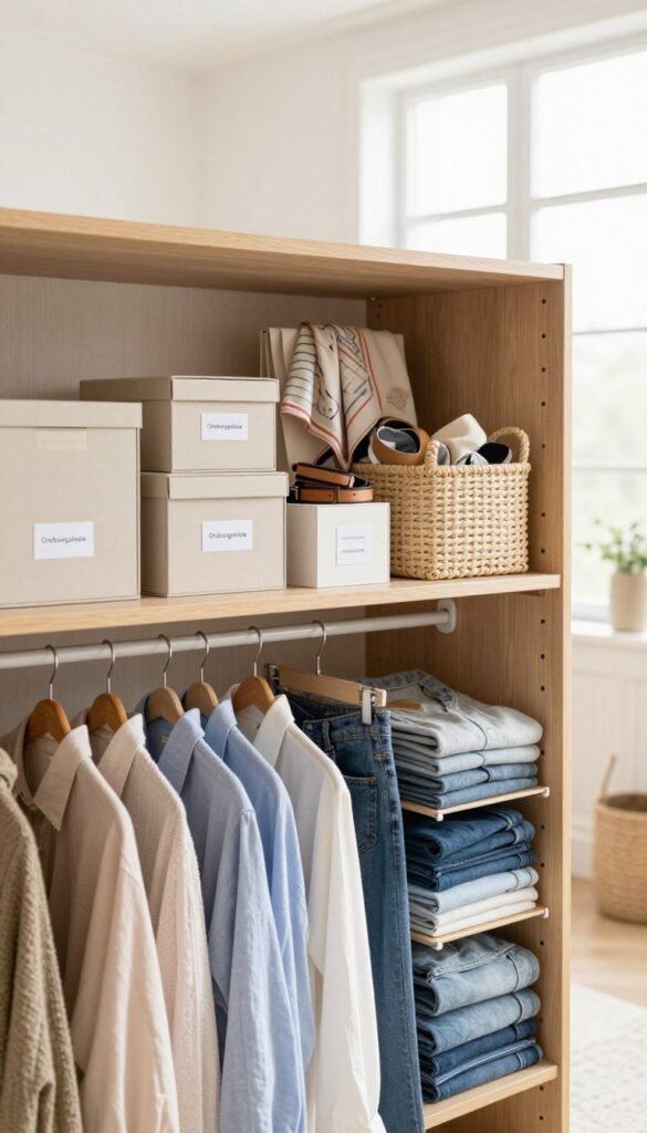 A beautifully organized wardrobe showcasing various clothing systems for everyday wear, highlighting the brand "Ordnungskiste". In the foreground, neatly hung shirts and blouses in soft pastels, complemented by organized folded jeans on a wooden shelf. The middle layer features stylish storage boxes and baskets, labeled for easy access, surrounded by accessories like scarves and belts. The background captures a light, airy room with large windows, allowing natural light to filter in, creating a warm, inviting atmosphere. The design reflects a Pinterest-like aesthetic, with soft, neutral colors. Use a slight angle to emphasize depth, with soft focus on the background ensuring the wardrobe remains the focal point. The image should feel cozy and motivating, inspiring efficient organization without any text or distractions.