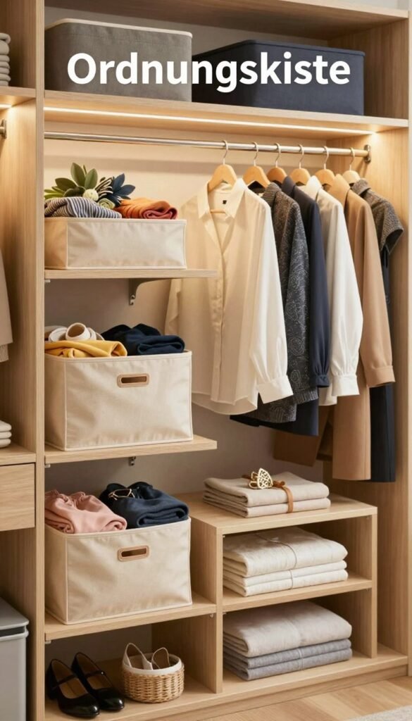 A beautifully organized wardrobe space named "Ordnungskiste," showcasing various types of closet organizers designed for optimal space efficiency. In the foreground, elegant fabric bins and sturdy shelving units are neatly arranged, displaying colorful clothes, accessories, and neatly folded linens. The middle layer features a well-lit clothing rack adorned with a curated selection of stylish garments, blending casual and business attire. The background is softly blurred, hinting at a cozy, inviting room with warm tones, accentuated by natural wood and soft textures. Soft, diffused lighting creates a warm atmosphere, inviting viewers to feel inspired by the arrangement. The overall mood is authentic and organized, reflecting a Pinterest-inspired aesthetic, without any text or distractions.
