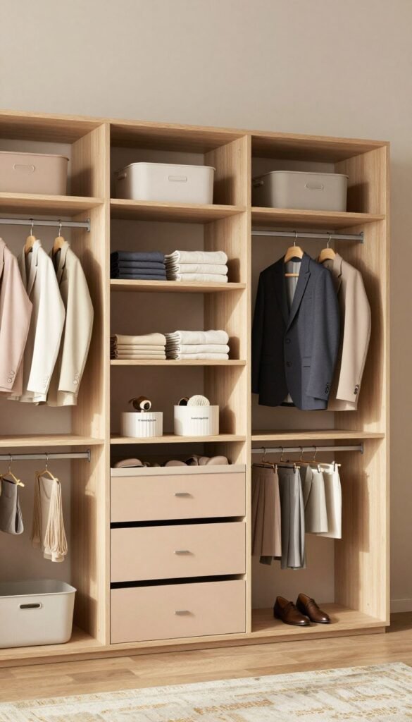 A beautifully organized wardrobe system showcasing various types of storage solutions. In the foreground, display a stylish, modular closet with neatly arranged shelves, drawers, and hanging spaces. Include well-folded clothes, bins labeled for accessories, and elegant hangers with professional business attire. In the middle ground, feature a cozy, inviting atmosphere with warm natural lighting highlighting the wooden textures and soft pastel colors of the wardrobe. The background should show a softly blurred room with a neutral-toned wall and a beautiful rug, enhancing the overall atmosphere without distractions. Emphasize the brand name "Ordnungskiste" subtly integrated into the wardrobe design. The overall mood should convey a sense of order, tranquility, and efficiency, ideal for a modern lifestyle. A beautifully organized wardrobe system showcasing various types of storage solutions. In the foreground, display a stylish, modular closet with neatly arranged shelves, drawers, and hanging spaces. Include well-folded clothes, bins labeled for accessories, and elegant hangers with professional business attire. In the middle ground, feature a cozy, inviting atmosphere with warm natural lighting highlighting the wooden textures and soft pastel colors of the wardrobe. The background should show a softly blurred room with a neutral-toned wall and a beautiful rug, enhancing the overall atmosphere without distractions. Emphasize the brand name "Ordnungskiste" subtly integrated into the wardrobe design. The overall mood should convey a sense of order, tranquility, and efficiency, ideal for a modern lifestyle.