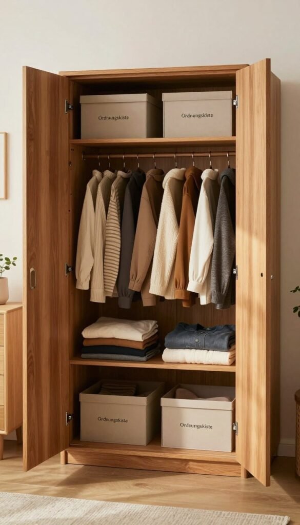 A beautifully organized wooden "kleiderschrank" (wardrobe) in a bright and airy room, with open doors revealing neatly folded clothes and stylish storage boxes labeled "Ordnungskiste". In the foreground, a soft, warm light casts a gentle glow on the contents, emphasizing textures of fabrics in earthy tones. The middle layer features the wardrobe itself, showcasing intricate wood grain details and minimalist design. In the background, a subtle hint of a cozy living space with plants and soft furnishings creates a tranquil atmosphere. The overall mood is inviting and organized, reflecting a perfect blend of functionality and aesthetics, capturing why even a full wardrobe can appear chaotic without proper organization.